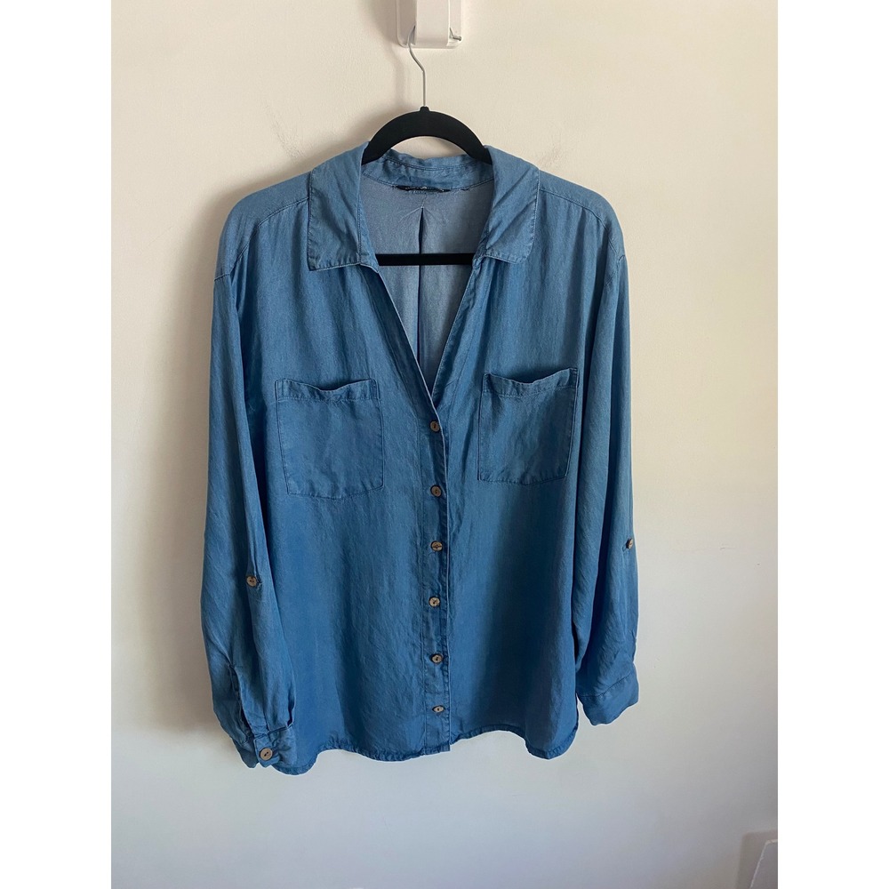 Club Z Collection Womens‎ Blue Tencel Cotton Roll Tab Button Down Shirt